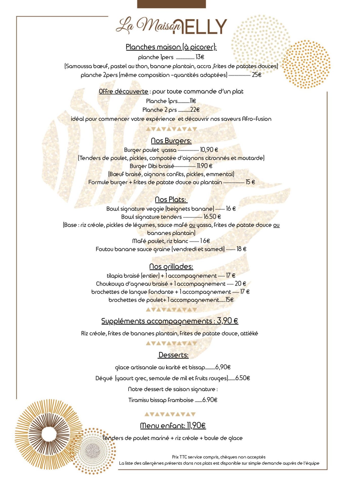 Carte officielle La Maison Nelly — planches, burgers, plats, grillades, desserts